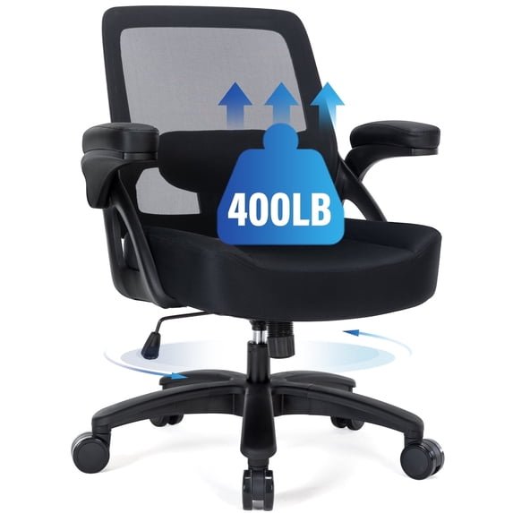 Hramk Black Big and Tall Office Chair, 400 lb Mesh Desk Chair with Flip Arms, Wide Seat Office Chair, 360 Swivel Computer Task Chair for Adults