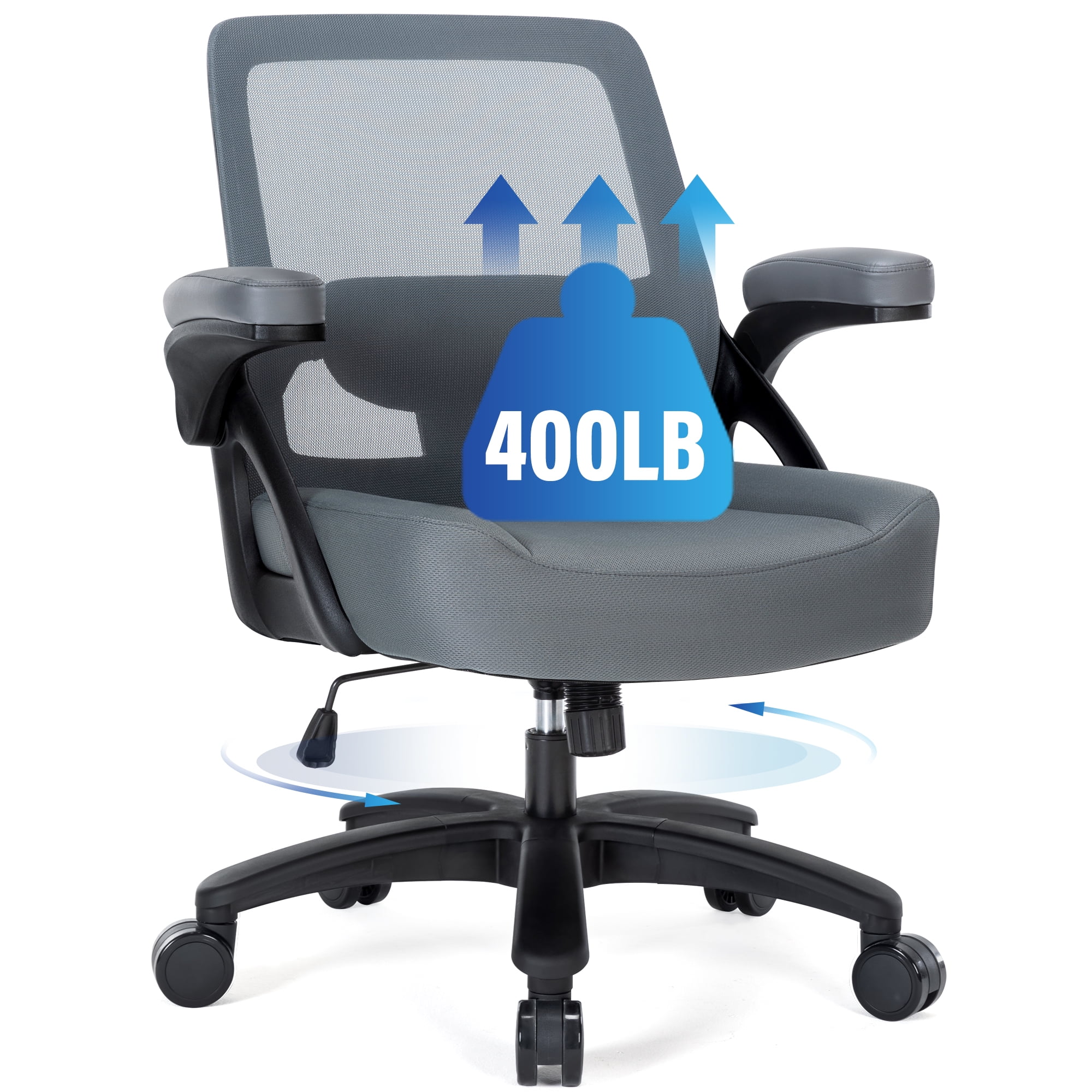 Hramk Black Big and Tall Office Chair 400 lb Mesh Desk Chair with Flip Arms Wide Seat Office Chair for Heavy People 360 Swivel Computer Task Chair