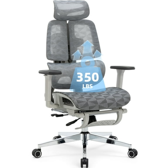 Hramk Ergonomic Office Desk Chair with Footrest, All-Mesh Reclining Computer Gaming Chair with Adjustable Backrest, Adjustable Seat Depth, Adaptive Lumbar Support, 350lb, Light Gray