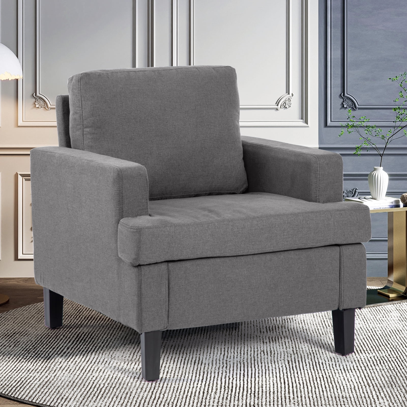 Hramk MidCentury Accent Chairs, Dark Grey Linen Fabric Armchair