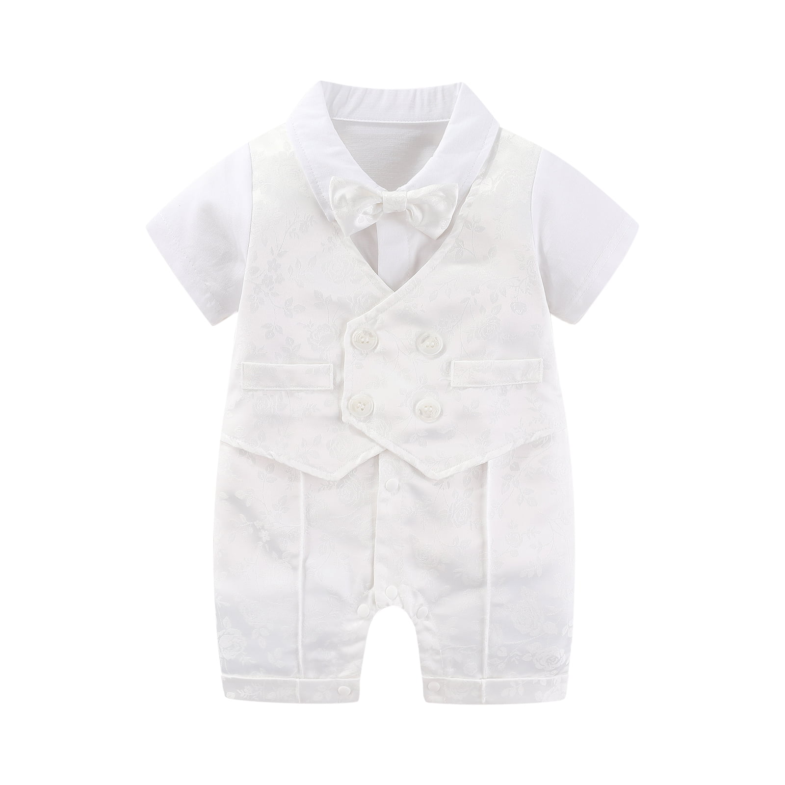 Hresadio Baby Boy Baptism Clothes Christening Outfit Bowtie Tuxedo Jumpsuit Overall Romper White