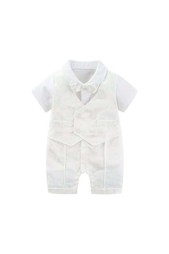 Baby Boy Baptism Clothes Christening Outfit Bowtie Tuxedo Jumpsuit Overall Romper White