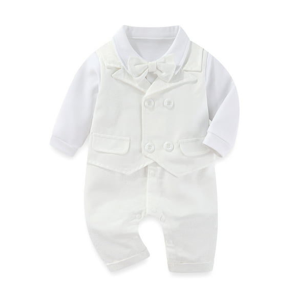 Hresadio Baby Boy Baptism Long Sleeve Christening Outfits Romper , White/Sizes Newborn-18 Months