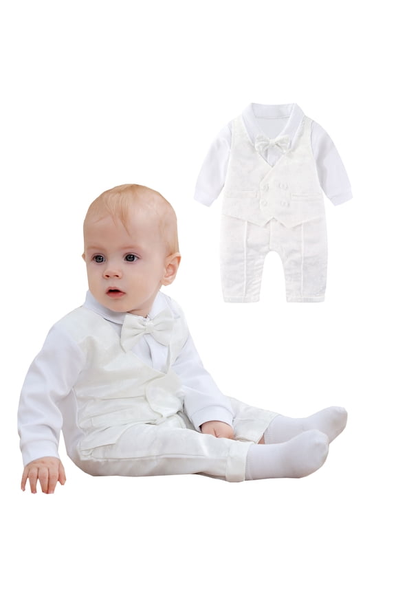 Baby Boy Baptism Outfit Infant White Long Sleeve Romper Christening Clothes & Bowtie, Sizes 0-18 Months