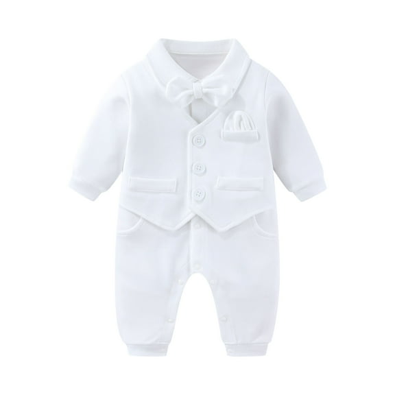 Hresadio Baby Boy Baptism Outfit with Bowtie Long Sleeve Romper Christening Clothes White 0-18 Months
