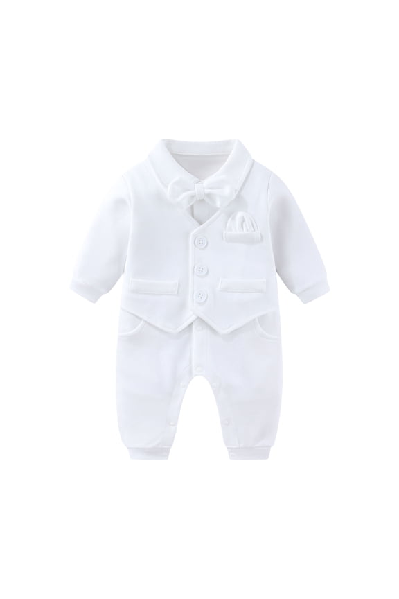 Baby Boy Baptism Outfit with Bowtie Long Sleeve Romper Christening Clothes White 0-18 Months