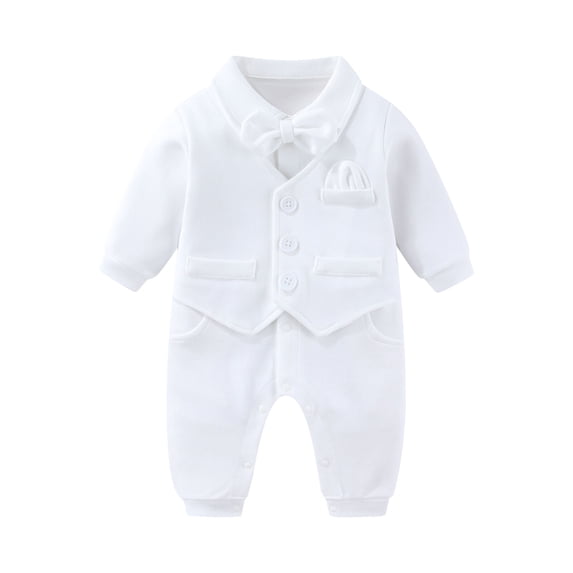 Hresadio Baby Boy Baptism Outfit with Bowtie Long Sleeve Romper Christening Clothes White 0-18 Months