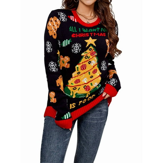 Hristmas Sweaters for Women Cute Fuzzy Funny Wintertime and Holiday Parties Knitted Pullover Sweater Dark Blue L