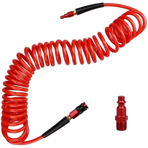 Hromee 1/4 in x 25 ft Polyurethane Recoil Air Hose with Bend Restrictors Compressor Hose with 1/4" Industrial Universal Quick Coupler and I/M Plug Kit, Red