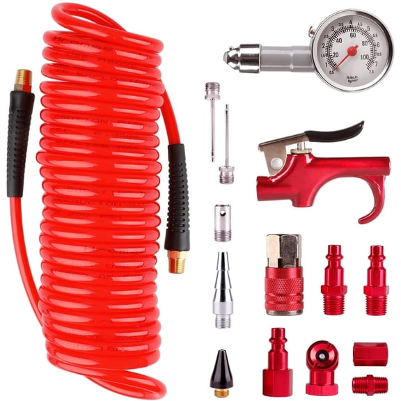 Hromee 16 Pieces Air Compressor Accessory Kit with 1/4 Inch Recoil Poly Air Hose, Blow Gun and Fittings Inflation Kit with Needles, Ball Chuck and Tire Pressure Gauge