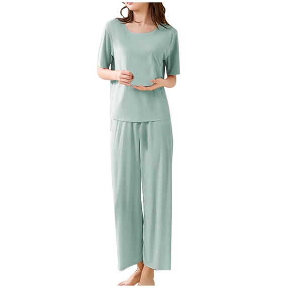 Hrsba 2 Piece Pajama Set for Women,Basic Top With Elastic Waist Pants Soft Daily Loungewear Sleepwear