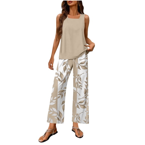Hrsba 2 Piece Set Solid Color Sleeveless Top and Pants for Women Casual Summer Outfits Lightweight Soft Fabric Comfortable Daily Vacation Wear