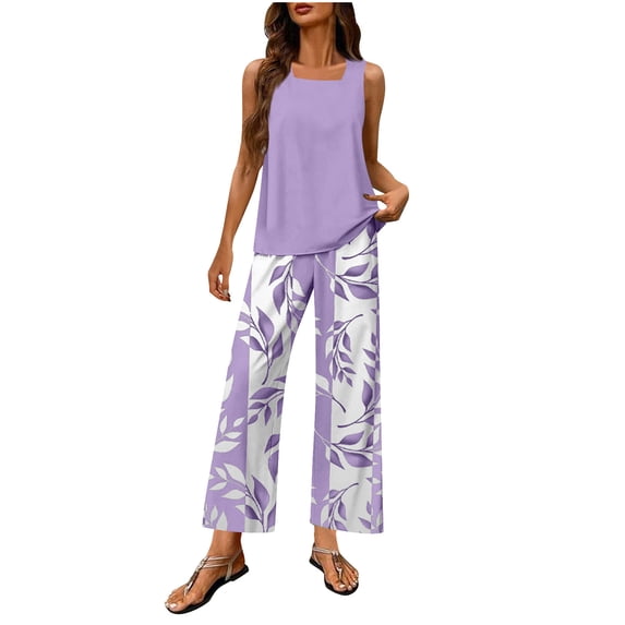 Hrsba 2 Piece Set Solid Color Sleeveless Top and Pants for Women Casual Summer Outfits Lightweight Soft Fabric Comfortable Daily Vacation Wear