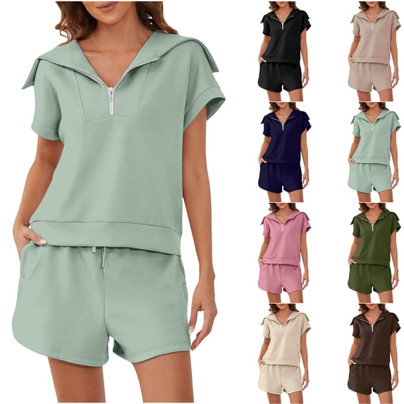 Hrsba Solid Color 2 Piece Set for Women Half Zip Collared Short Sleeve Top and High Waisted Shorts Fashion Active Summer Outfits