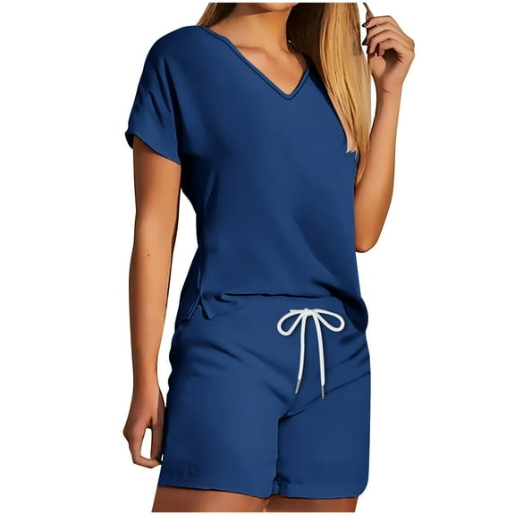 Hrsba V Neck Tops with Shorts 2 Piece Outfits for Women Short Sleeve Summer Casual Matching Set