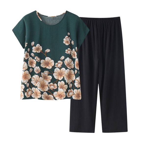 Hrsba 2 Piece Summer Set for Women,Linen Like Short Sleeve Crew Neck Printed Top Pants Matching Set Casual Breathable Summer Daily Leisure Outfits