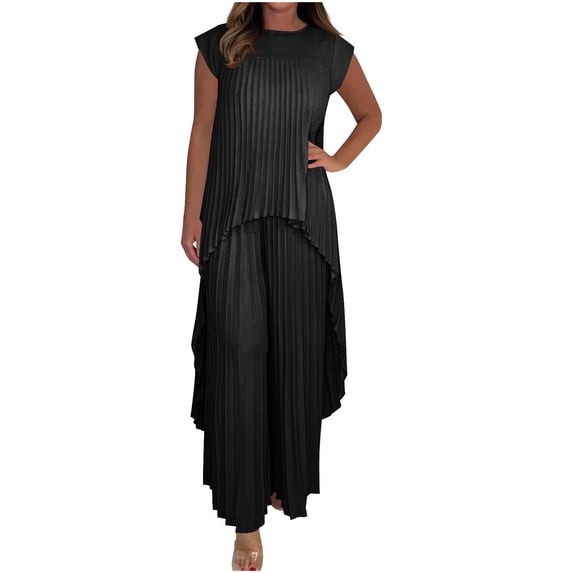Hrsba 2 Piece Summer Set for Women,Solid Color Crew Neck Short Sleeve Ruffled Top and Straight Leg Pants Casual Fashion Set