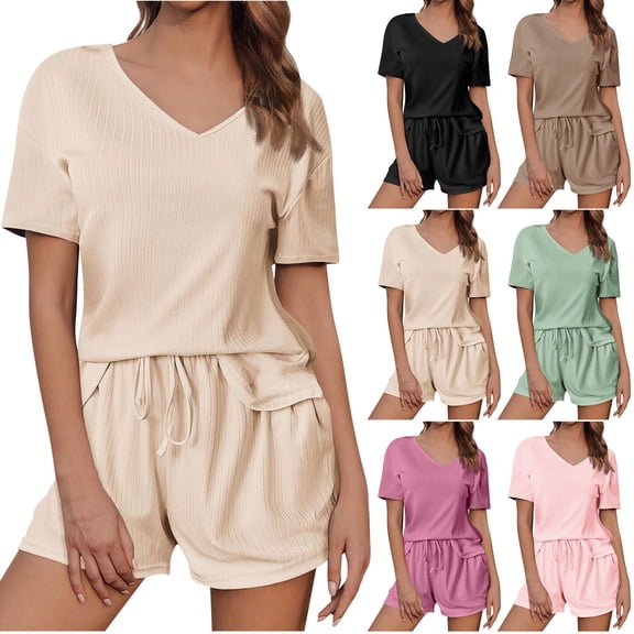 Hrsba Solid Color V Neck Short Sleeve Tops with Drawstring Waist Shorts 2 Piece Set for Women Summer Casual Daily Outfits