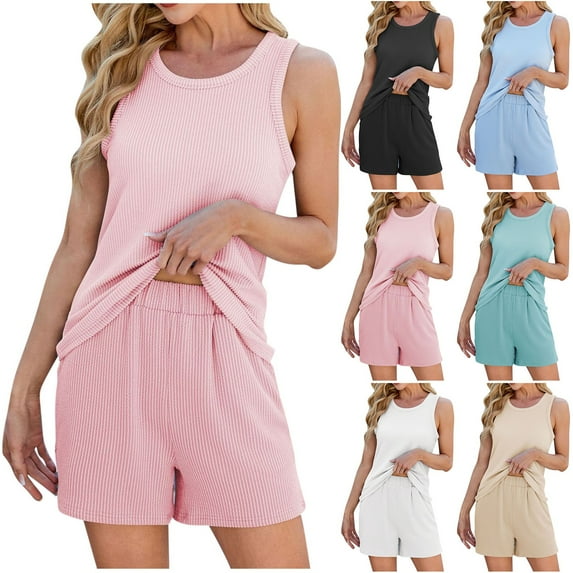 Hrsba 2 Piece Summer Set for Women,Womens Summer Set,Casual Solid Color Crew Neck Sleeveless Tank Top with Pockets Shorts Matching Set for Summer