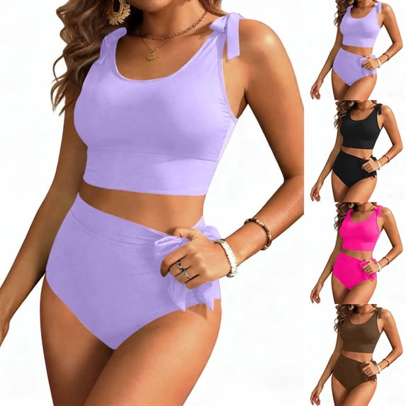 Hrsba 2 Piece Swimsuits for Women Solid Color Crew Neck Top with Padded No Underwire Bathing Suits