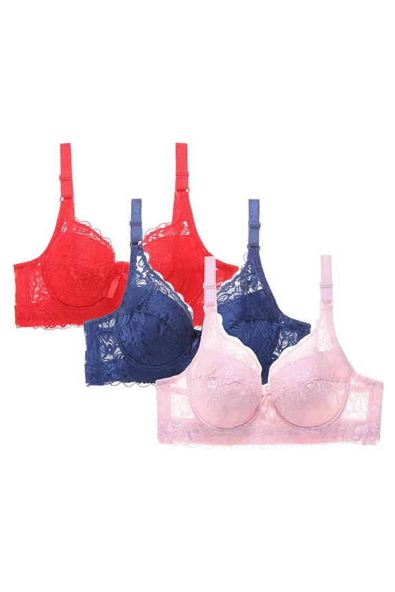 3 PC Womens Bras,Underwire Push Up Bra Plus Size Side Control Sagging Supportive Everyday Lace Bra
