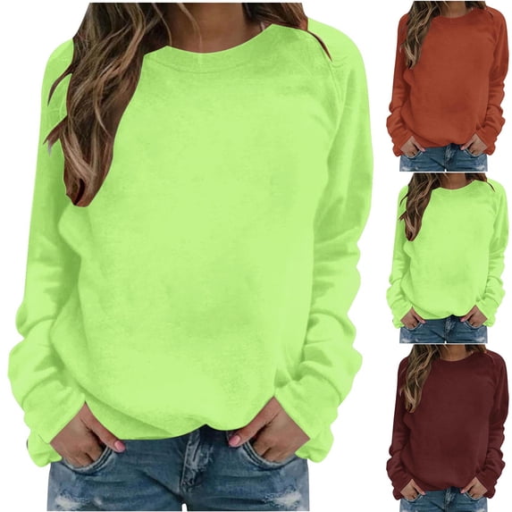 Hrsba Basic Sweatshirts for Women Solid Color Crew Neck Raglan Sleeve Long Sleeve Loose Fashion Casual No Hood Sweatshirt