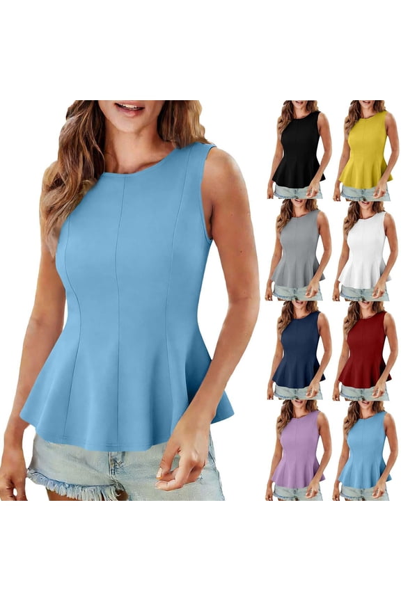 Basic Tees for Women Solid Color Round Neck Sleeveless Fitted Simple Fabric Tank Top