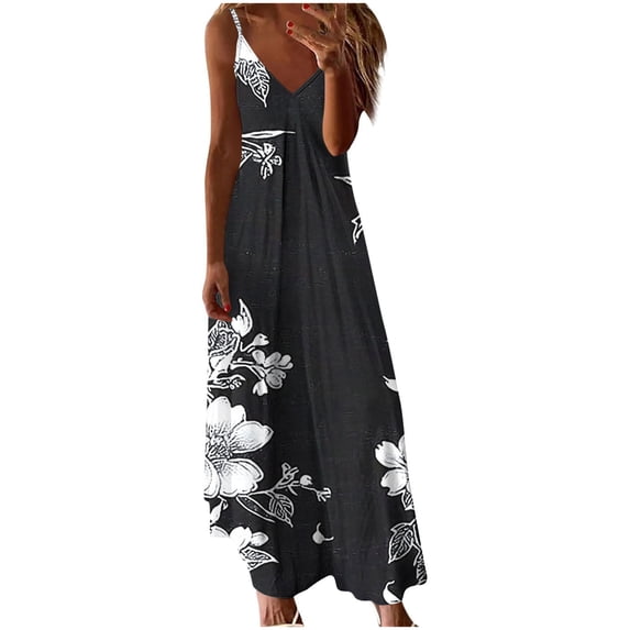 Hrsba Beach Dress,Women Summer Floral Print Ruffled Sleeveless Spaghetti Strap V Neck Vacation Midi Dress