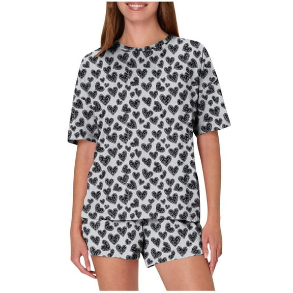 Hrsba Beach Outfits for Women,Loose Print Crew Neck Short Sleeve Top with Shorts 2 Piece Summer Pajama Set