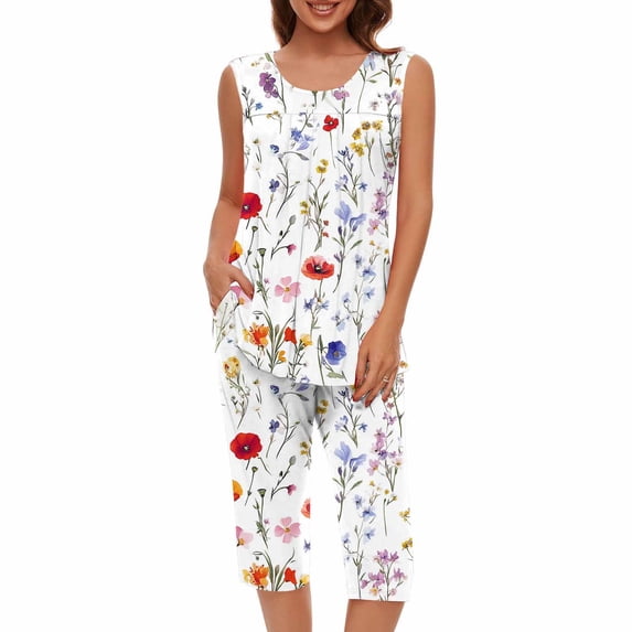 Hrsba Beach Outfits for Women,Print Casual Crew Neck Sleeveless Top Summer Vacation Matching Set