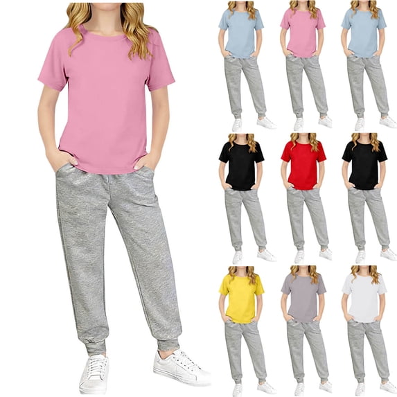 Hrsba Big Girls 2 Piece Outfits Solid Color Short Sleeve Tee Tops and Long Pants Casual Daily Style Lightweight Soft Summer Matching Set for Kids