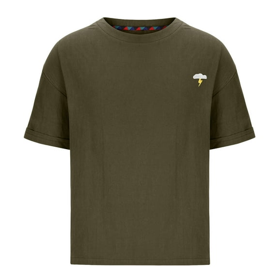 Hrsba Big Men's Tee Shirts Solid Color Linen Loose Crew Neck Pullover Embroidered Casual Short Sleeve Tee for Summer Outdoor Activities