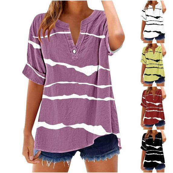 Hrsba Blouse Tops for Women, V Neck Short Sleeve Button Detail Printed Casual Tees Summer Lightweight Breathable Fashion Tops