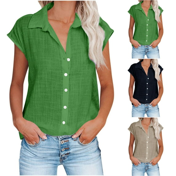 Hrsba Blouses for Women Casual,Fashion Solid Color Button Down Shirts V Neck Relaxed Summer Ladies Tops Daily Comfy Tees