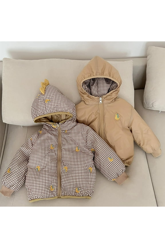 Boys Girls Winter Outerwear Coats,Casual Jacket for Kids,Children's Hooded Double-sided Jacket With Thick Velvet And Zipper For Warmth,Khaki,120