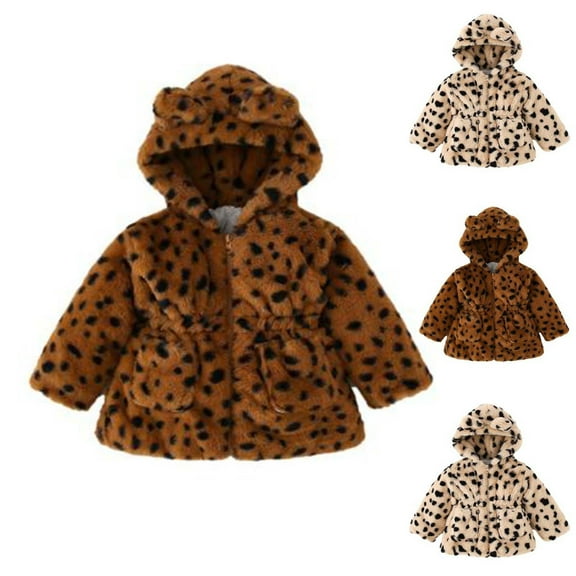 Hrsba Little Girl Coats Girls' Outerwear Jackets Toddler Girls Winter Leopard Print Fleece Padded Jacket Long Sleeve Hooded Ear Zipper Waist Slim Thickened Outerwear