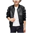 thumbnail image 1 of Hrsba Boys Leather Jacket Solid Color Fleece Lined Leather Stand Collar Zip Outerwear with Pockets Leather Jacket, 1 of 8