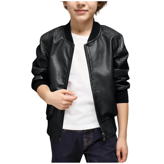 Hrsba Boys Leather Jacket Solid Color Fleece Lined Leather Stand Collar Zip Outerwear with Pockets Leather Jacket