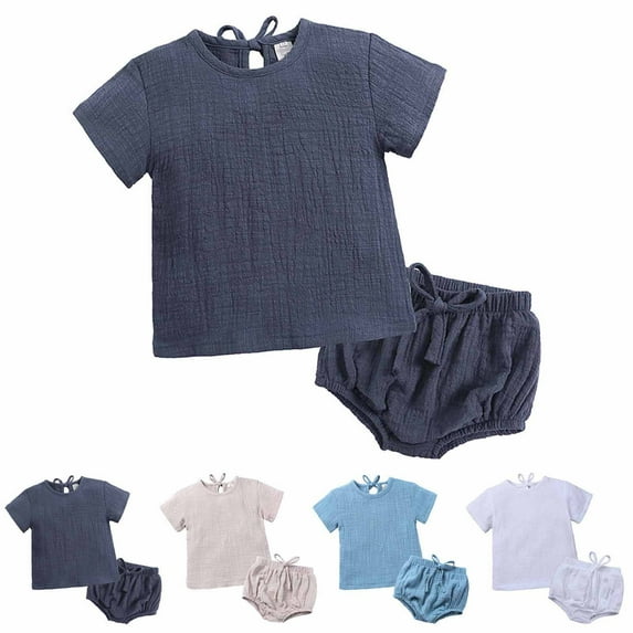 Hrsba Boys Solid Color Linen Short Sleeve Top and Shorts Breathable Boys Outfits for Warm Summer Days