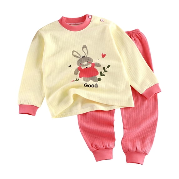 Hrsba Boys and Girls Cotton Outfit set Kids Print Long Sleeve Crew Neck Shoulder Button Top and Long Pants Casual Loungewear Set