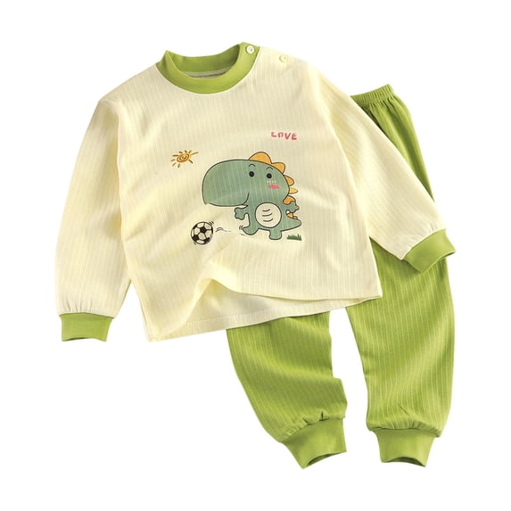 Hrsba Boys and Girls Cotton Outfit set Kids Print Long Sleeve Crew Neck Shoulder Button Top and Long Pants Casual Loungewear Set