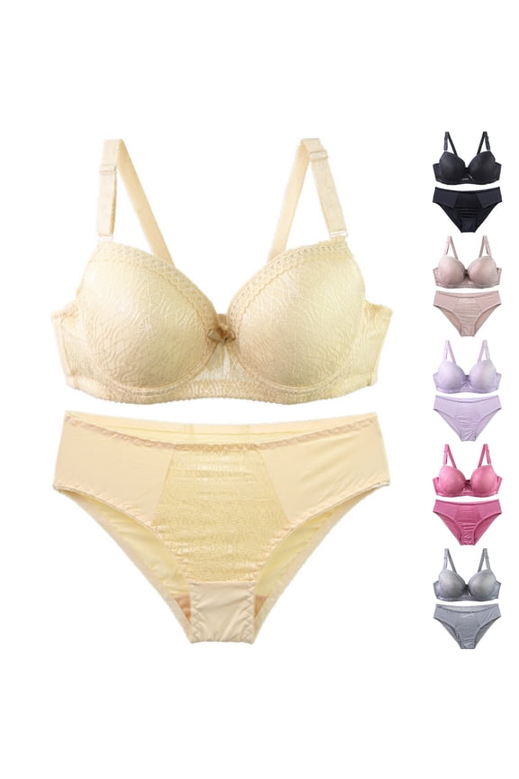 Bra and Panty Set Underwire Light Padding Lift Support Solid Color Breathable Fabric C Cup 2 Piece Set For Women