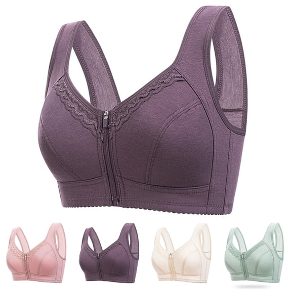 Hrsba Womens Wireless Bra Plus Size Wide Straps Front Zipper Lifting Support Breathable Seamless Bra