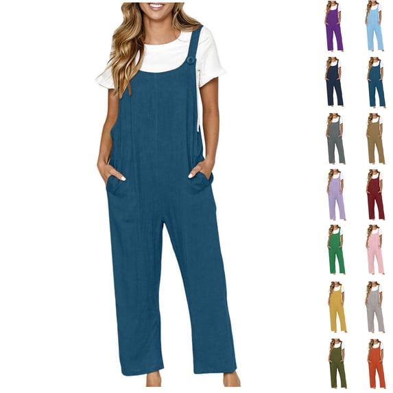 Hrsba Denim Jumpsuit for Women Cotton Linen Dual Pocket Button Suspender Jumpsuit