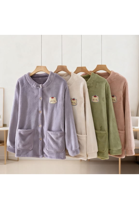 Button Bed Jacket for Women Fleece Lined Thick Long Sleeve Pj Tops