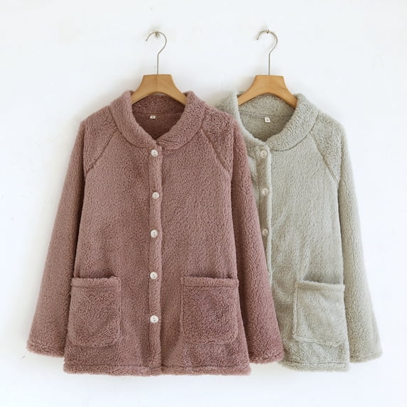 Hrsba Button Bed Jacket for Women Solid Tone Fleece Lined Thick Long Sleeve Sleep Tops