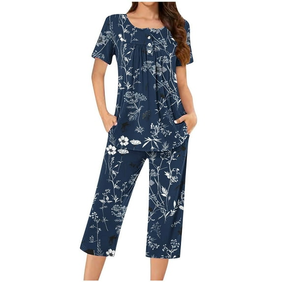 Hrsba Button Up Pajamas for Women,Summer Print Crew Neck 3/4 Length Pants Sleepwear Set