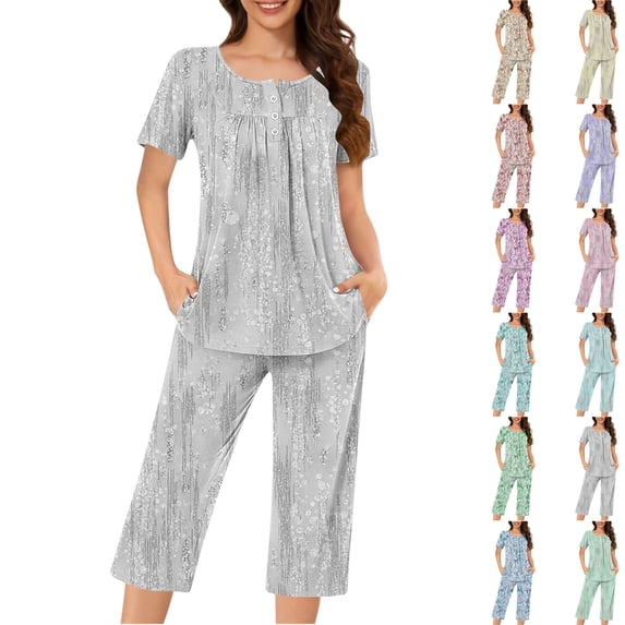 Hrsba Womens Pajama Sets,Print Ruched Crew Neck Short Sleeve Top and Capri Pants Women's Sleepwear Sets