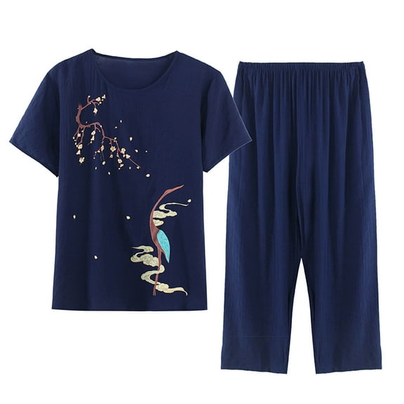 Hrsba Casual 2 Piece Set for Women,Print Crew Neck Short Sleeve Top Pants Lightweight Casual Loungewear Suitable for Outdoor Wear