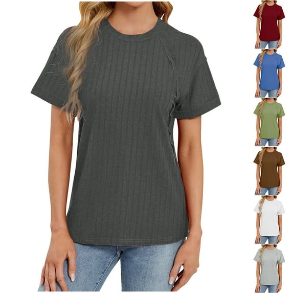 Hrsba Crew Neck Rib Knit Tops for Women Short Sleeve Solid Color Rolled Cuff Summer Fashion Soft Breathable Lightweight Shirt Daily Wear